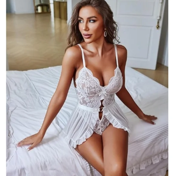 Sexy Lace Bodysuit One Piece Teddy Lingerie Deep V Mesh Nightgown White - Picture 2 of 6